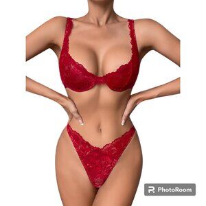 Dlsave Small Red Women Sexy Lace Lingerie Set Floral Underwired Bra Panty set
